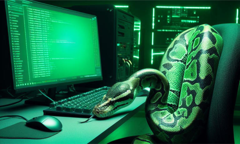 A Python snake coding at a keyboard